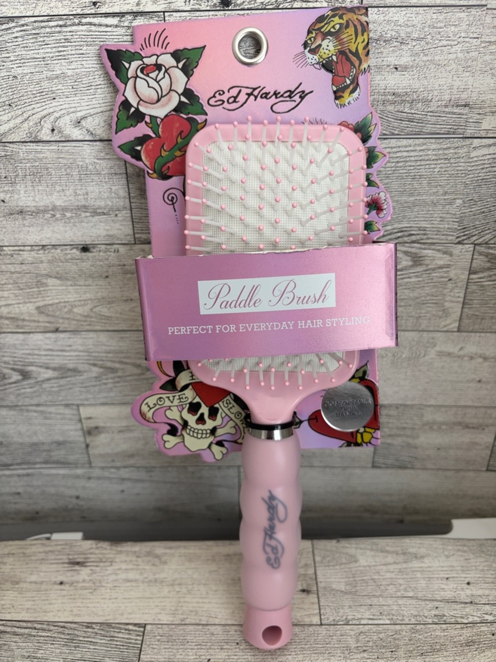 Ed Hardy Pink Paddle Brush with Tattoo-Inspired Packaging